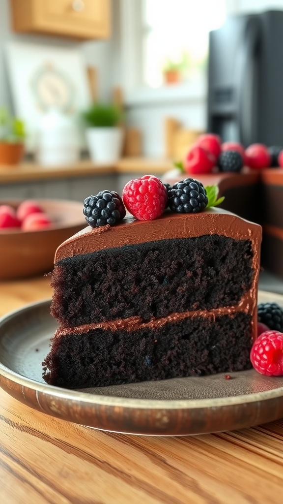 Decadent One-Bowl Vegan Chocolate Cake A slice of vegan chocolate cake with frosting and berries on a rustic plate.